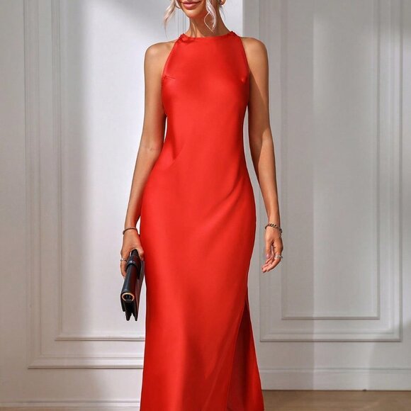 . Dresses & Skirts - Red Preppy Womens Solid Split Thigh Dress